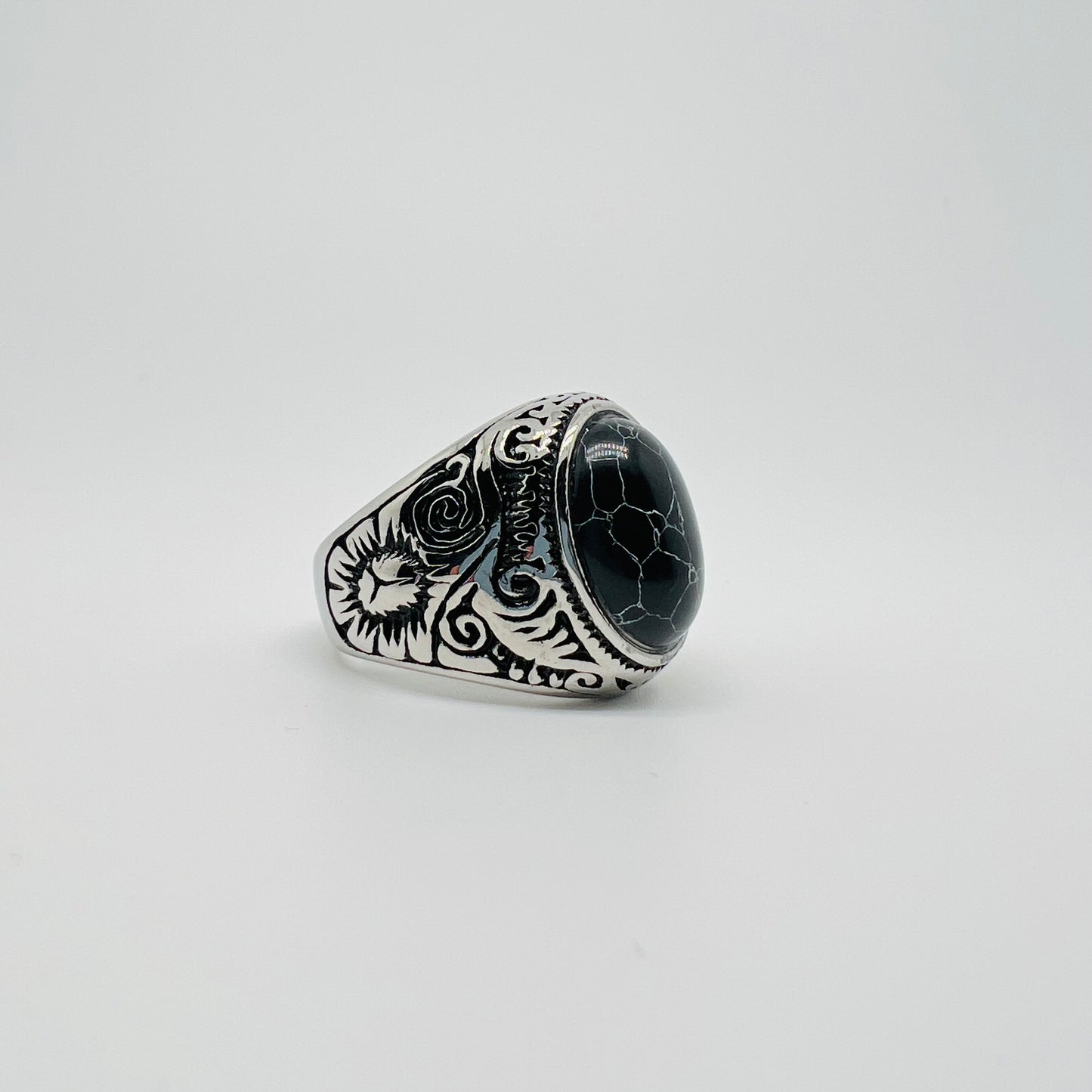 Anello chevalier ovale pietra Fiocco di neve acciaio